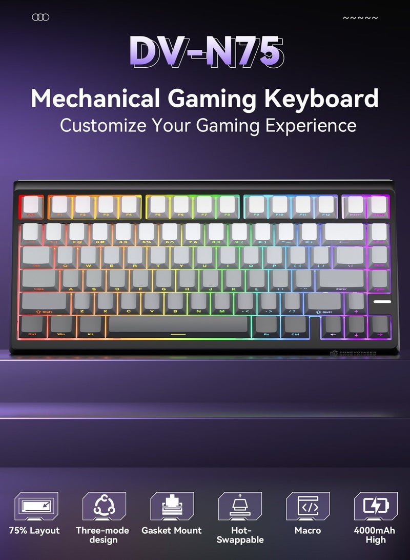 مسافر الكثبان لوحة مفاتيح ميكانيكية DV-N75 بتصميم 75% مع دعم الاتصال ثلاثي الأوضاع، ونظام عزل من 5 طبقات، ودعم التبديل السريع للمفاتيح (Hot-Swap)، وإضاءة RGB، وبرمجة ماكرو مخصصة - Image 2